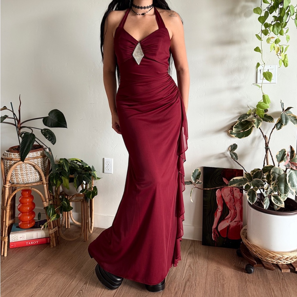 vintage 90s betsy & adam red halter prom dress evening gown glam formal dress